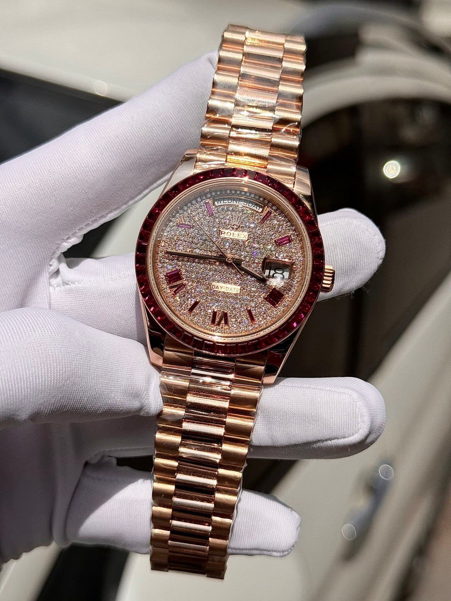 Rolex Best Replica Watch Day-Date Custom Ruby Red & Baguette Moissanite Diamonds GM Factory 40mm