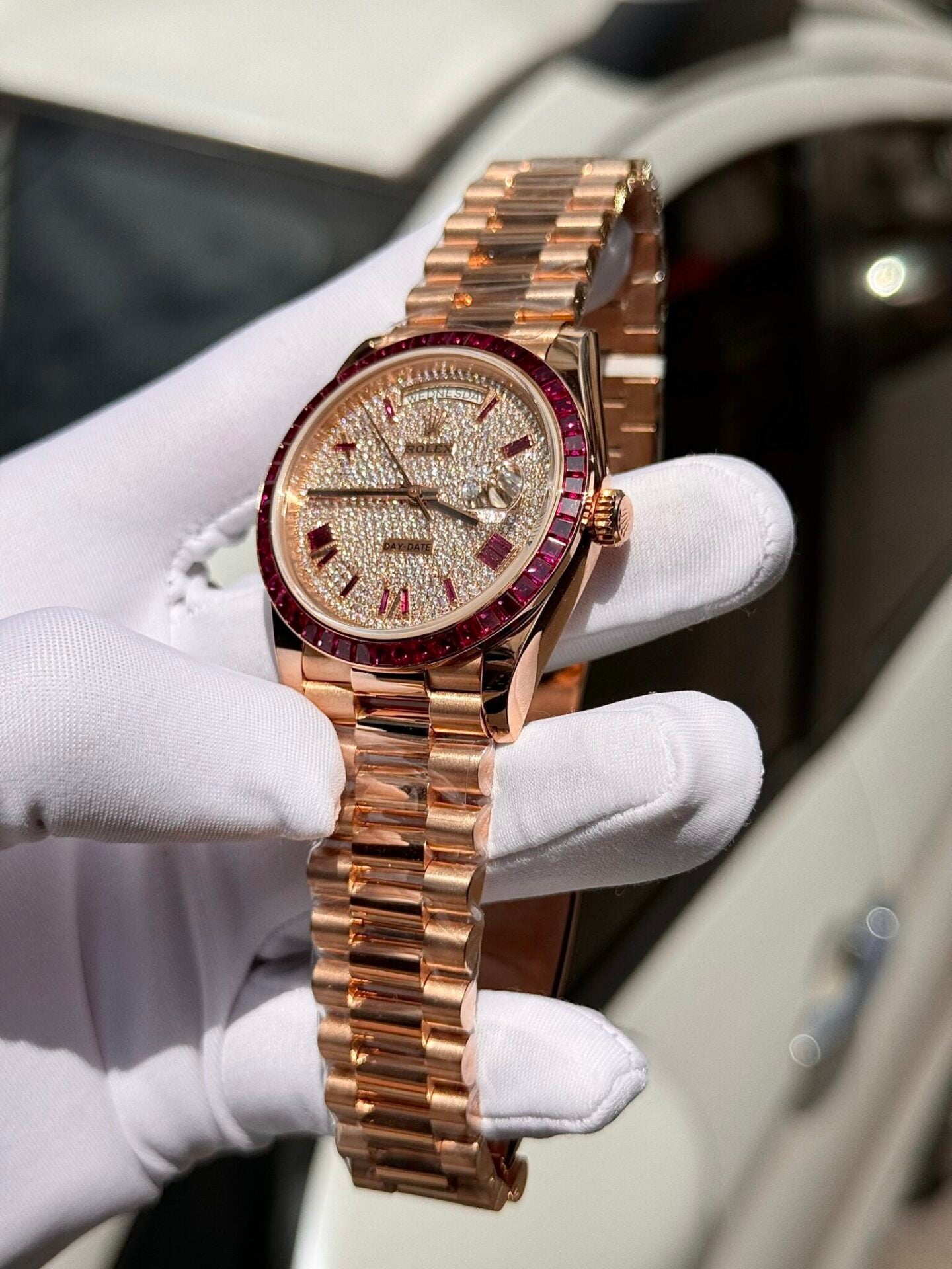Rolex Best Replica Watch Day-Date Custom Ruby Red & Baguette Moissanite Diamonds GM Factory 40mm