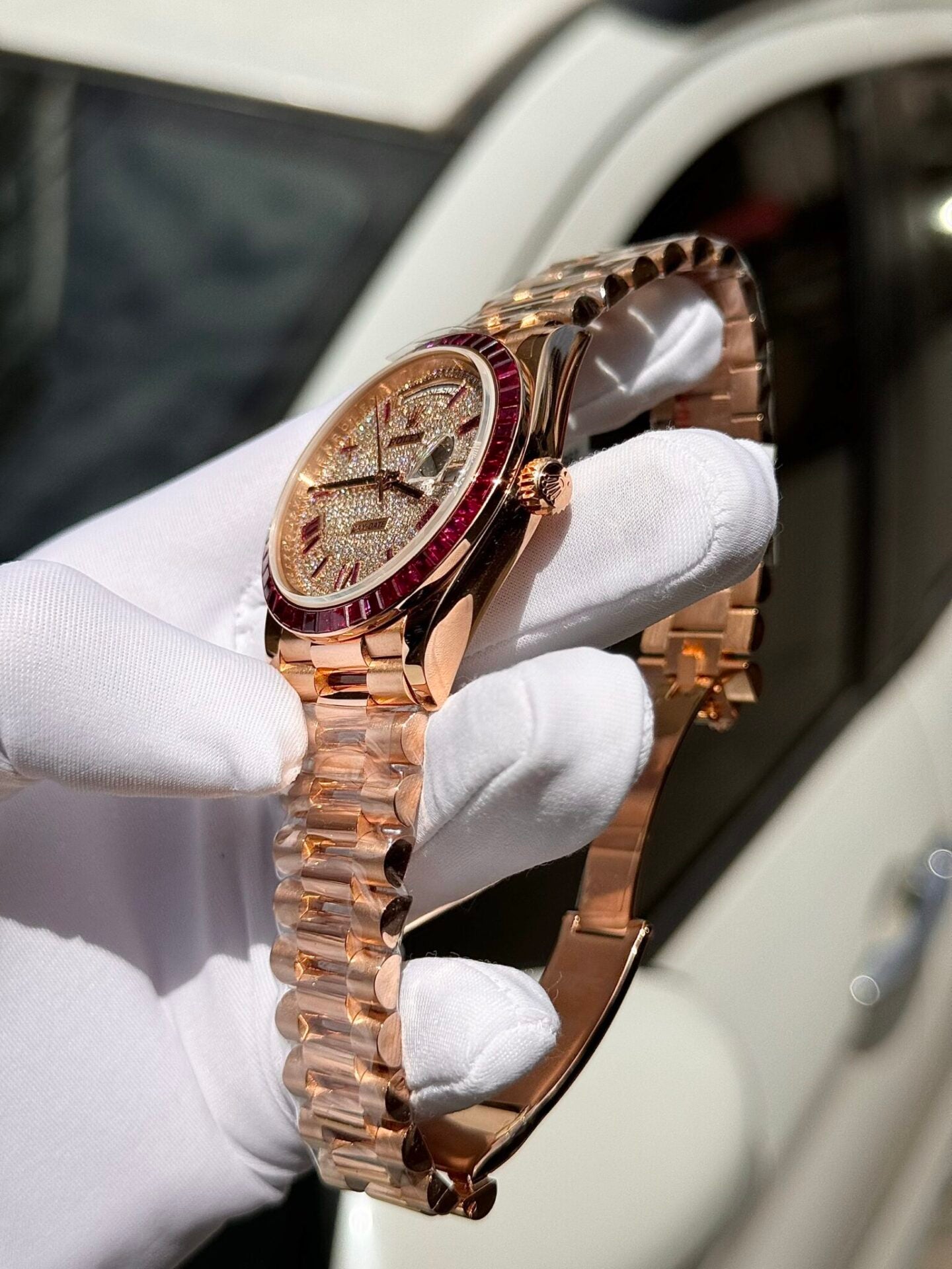 Rolex Best Replica Watch Day-Date Custom Ruby Red & Baguette Moissanite Diamonds GM Factory 40mm