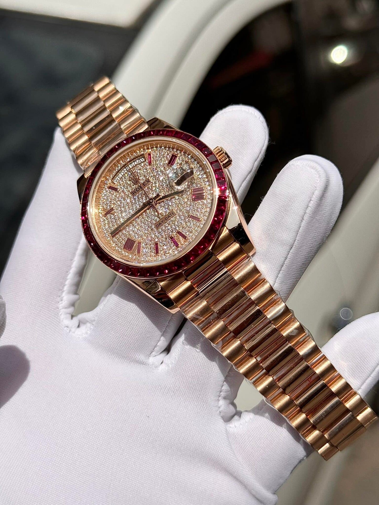 Rolex Best Replica Watch Day-Date Custom Ruby Red & Baguette Moissanite Diamonds GM Factory 40mm