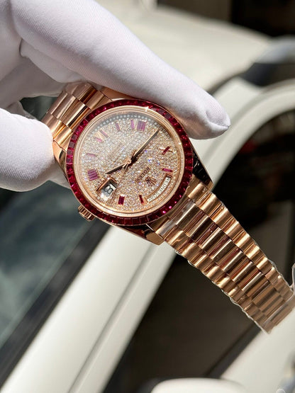 Rolex Best Replica Watch Day-Date Custom Ruby Red & Baguette Moissanite Diamonds GM Factory 40mm