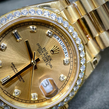 Rolex Day-Date Yellow Dial Custom Moissanite Diamonds 40mm Clone