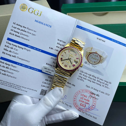 Rolex Day-Date Replica Watch Ruby Red + Moissanite Diamonds Gold Wrapped GM Factory 40mm