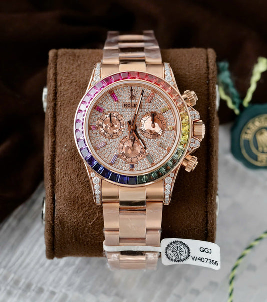 Rolex Daytona Rainbow 116595 Best Replica Watch Gold Wrapped + Moissanite Diamonds 40mm Clone
