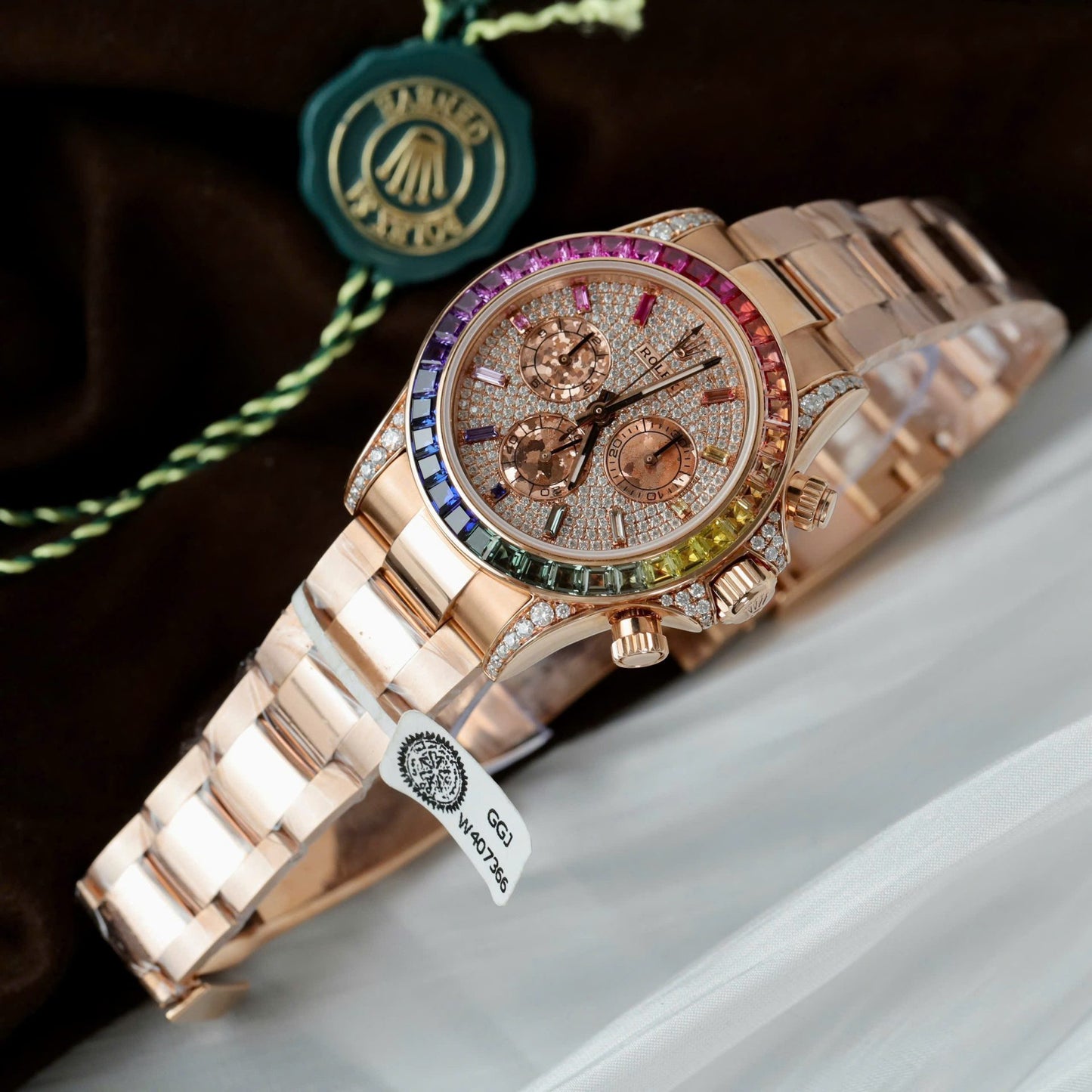 Rolex Daytona Rainbow 116595 Best Replica Watch Gold Wrapped + Moissanite Diamonds 40mm Clone