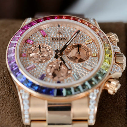 Rolex Daytona Rainbow 116595 Best Replica Watch Gold Wrapped + Moissanite Diamonds 40mm Clone