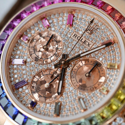 Rolex Daytona Rainbow 116595 Best Replica Watch Gold Wrapped + Moissanite Diamonds 40mm Clone