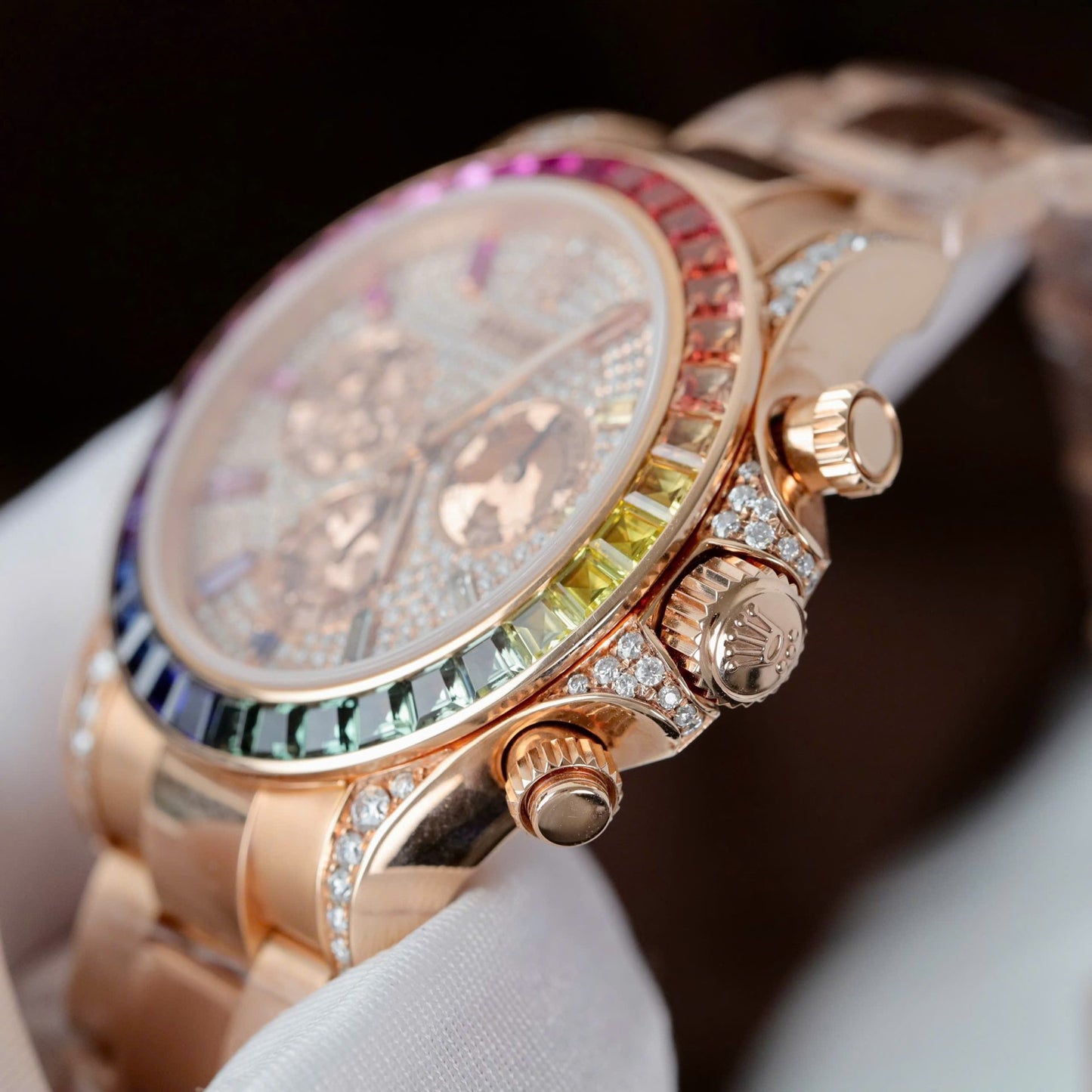 Rolex Daytona Rainbow 116595 Best Replica Watch Gold Wrapped + Moissanite Diamonds 40mm Clone