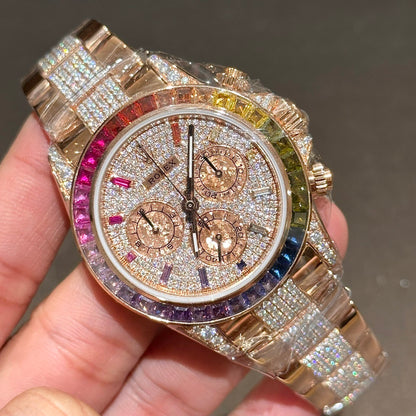 Rolex Daytona Rainbow Replica Watch Gold Wrapped With Moissanite Diamonds 40mm Clone