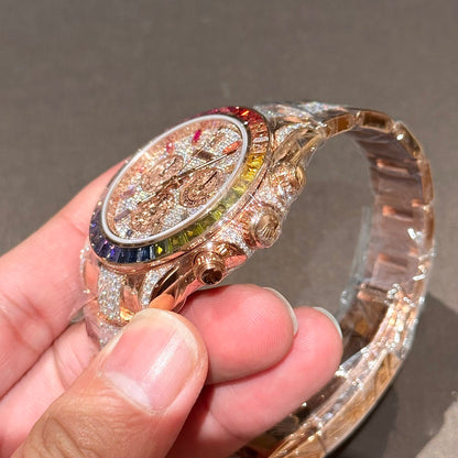 Rolex Daytona Rainbow Replica Watch Gold Wrapped With Moissanite Diamonds 40mm Clone