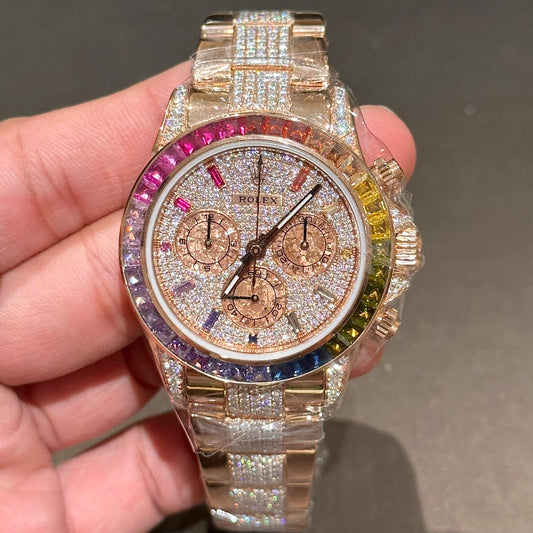 Rolex Daytona Rainbow Replica Watch Gold Wrapped With Moissanite Diamonds 40mm Clone