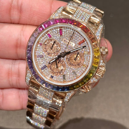 Rolex Daytona Rainbow Replica Watch Gold Wrapped With Moissanite Diamonds 40mm Clone