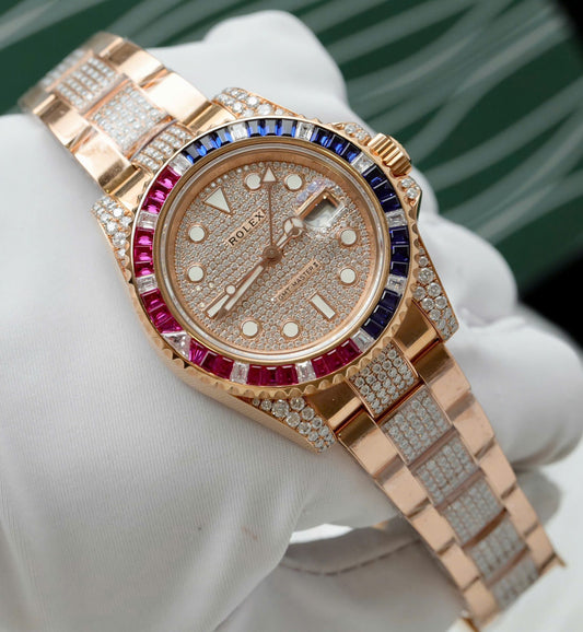 Rolex GMT-Master II 126755 SARU-DIAO Gold Wrapped Moissanite Sapphire Replica Watch 40mm Clone