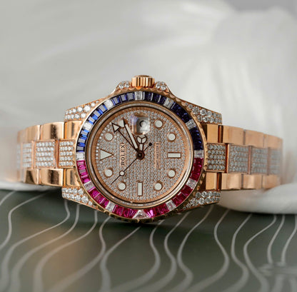 Rolex GMT-Master II 126755 SARU-DIAO Gold Wrapped Moissanite Sapphire Replica Watch 40mm Clone