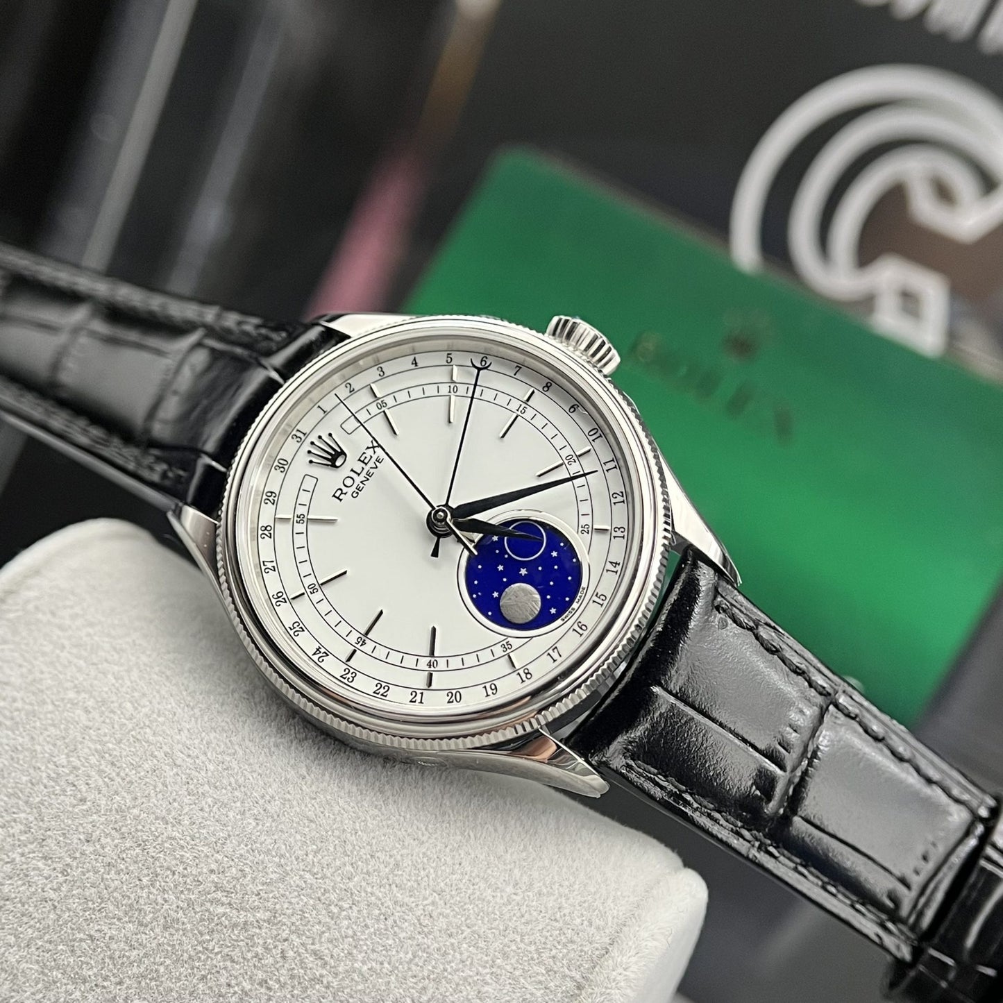 Rolex Moonphase 50535 Replica Watch Black Leather Strap 39mm Clone