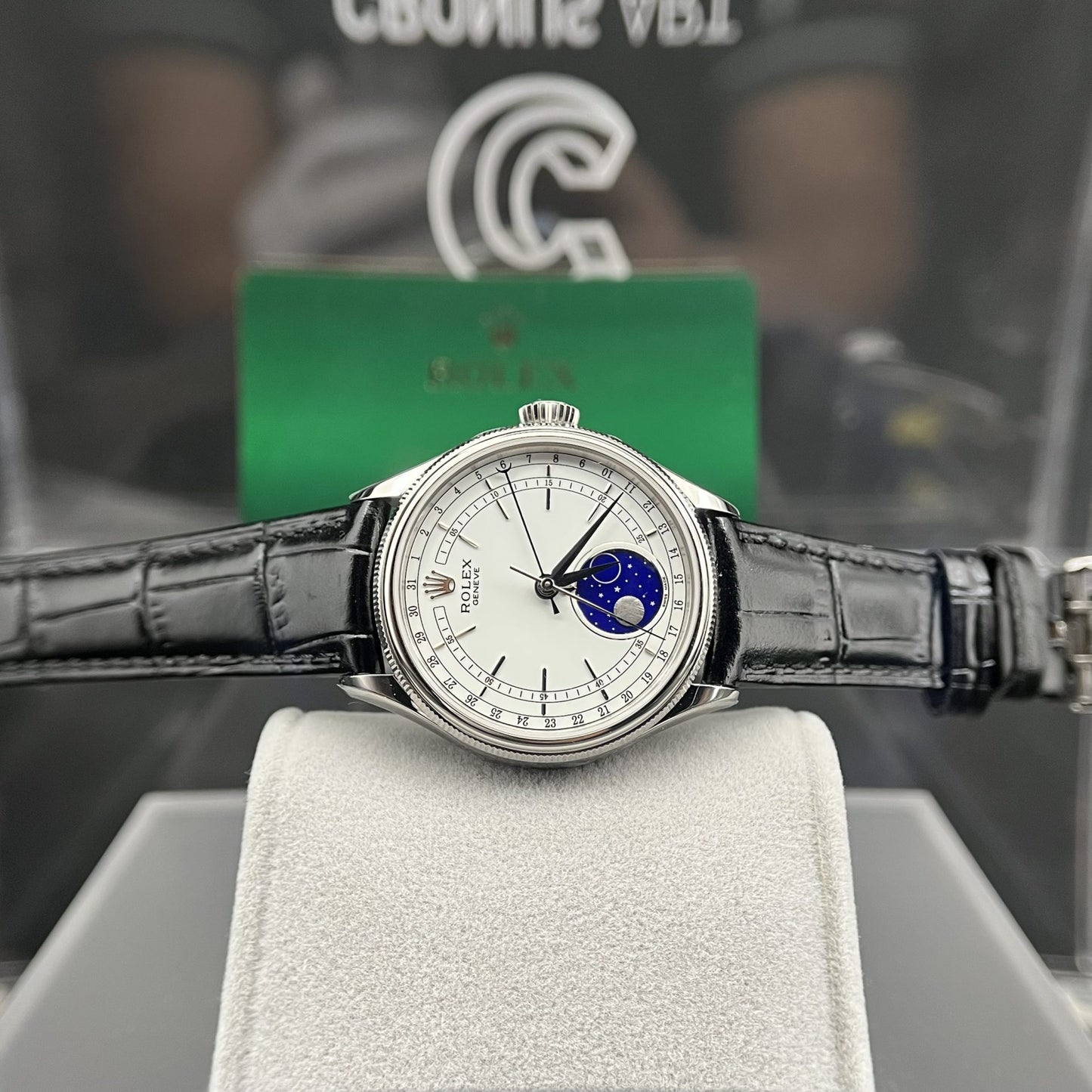 Rolex Moonphase 50535 Replica Watch Black Leather Strap 39mm Clone