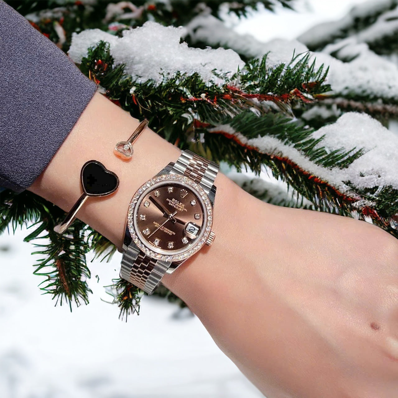 Rolex Replica Watch DateJust Chocolate Dial Custom Benzel Moissanite Diamonds 31mm Clone