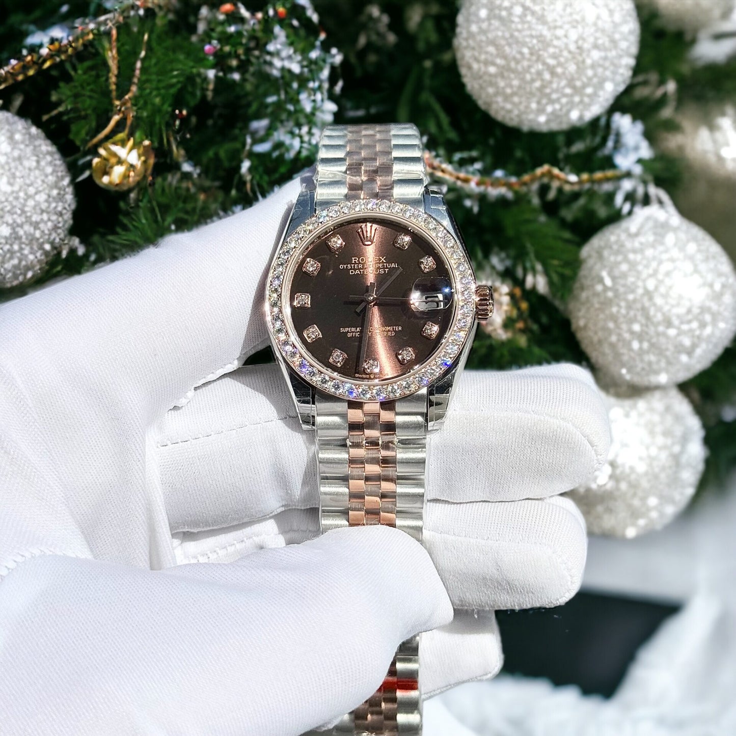 Rolex Replica Watch DateJust Chocolate Dial Custom Benzel Moissanite Diamonds 31mm Clone