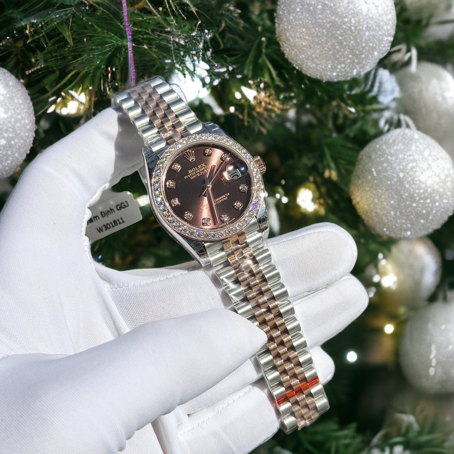 Rolex Replica Watch DateJust Chocolate Dial Custom Benzel Moissanite Diamonds 31mm Clone