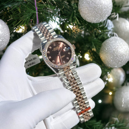 Rolex Replica Watch DateJust Chocolate Dial Custom Benzel Moissanite Diamonds 31mm Clone