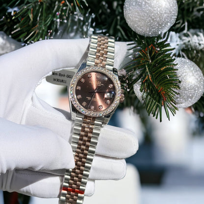 Rolex Replica Watch DateJust Chocolate Dial Custom Benzel Moissanite Diamonds 31mm Clone