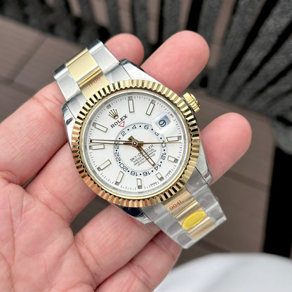 Rolex Sky-Dweller Replica Watch White Dial Demi Oyster Strap Noob Factory 41mm