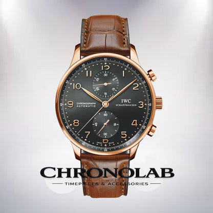 IWC Portuguese Rattrapante IW371210 stainless steel 41mm watch with silver dial, rose gold numerals, and black leather strap.
