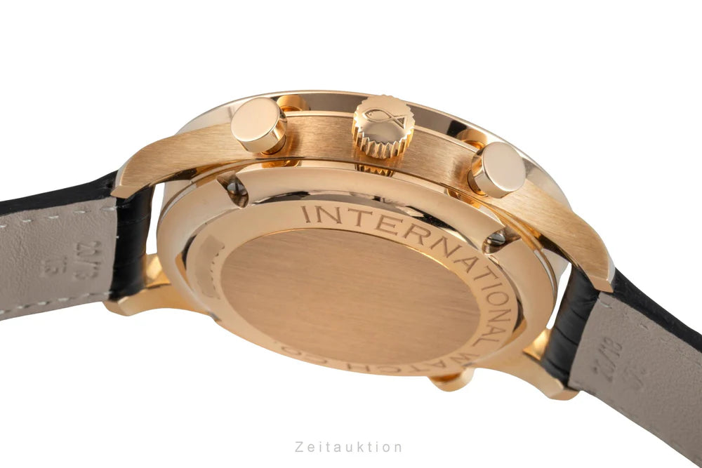 Close-up of the IWC IW371210 case showing the additional split-seconds pusher at 10 o'clock for the Rattrapante function.
