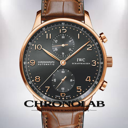 Detailed view of the IWC 371210 silver dial with rose gold Arabic numerals and leaf-shaped hands (feuille hands).