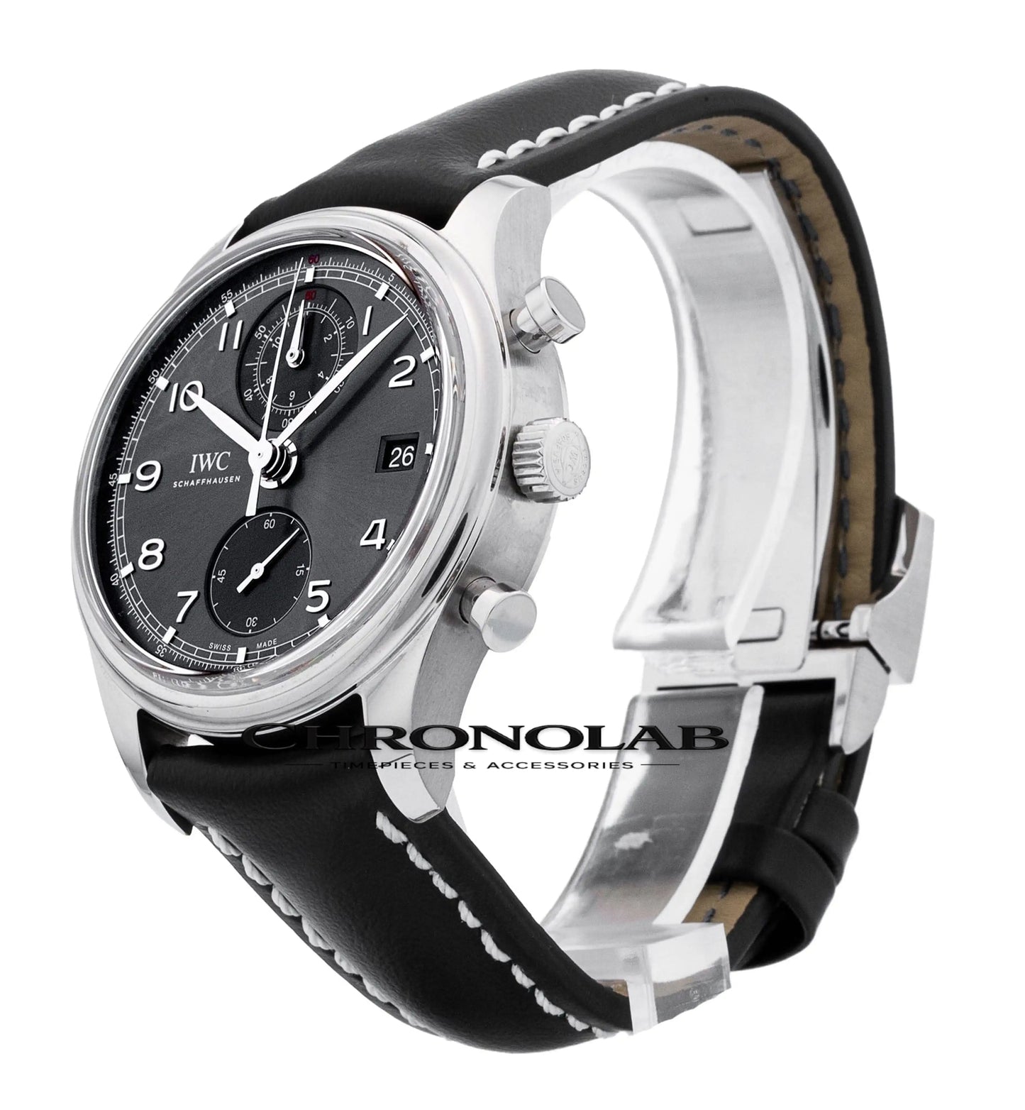 Side view of the IWC Portuguese Classic stainless steel 42mm case with polished bezel and ergonomic lugs, showing the 14.5mm thickness