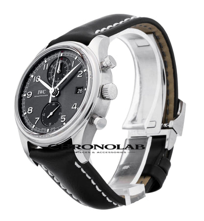 Side view of the IWC Portuguese Classic stainless steel 42mm case with polished bezel and ergonomic lugs, showing the 14.5mm thickness