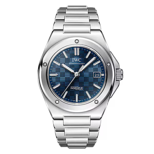 IWC Ingenieur Automatic 40 IW328907 stainless steel luxury watch with Aqua blue grid-pattern dial and integrated bracelet