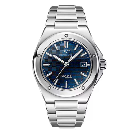 IWC Ingenieur Automatic 40 IW328907 stainless steel luxury watch with Aqua blue grid-pattern dial and integrated bracelet