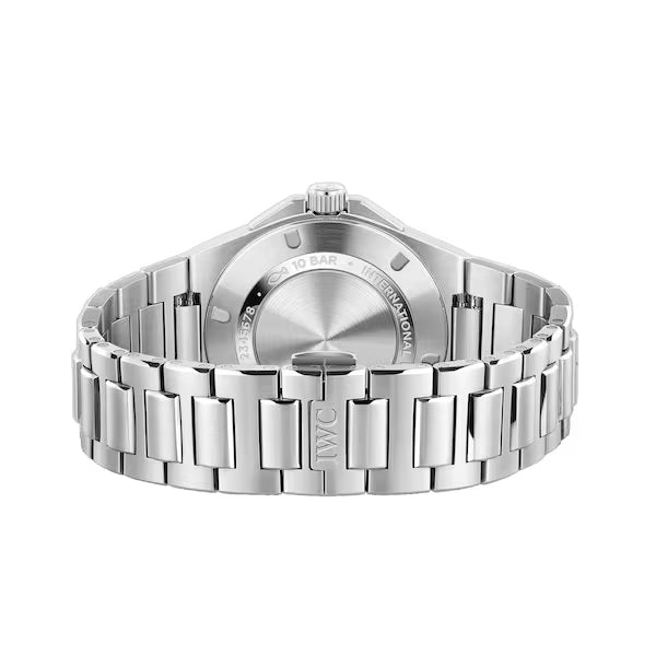 Side view of the IWC Ingenieur IW328907 showing the 10.7mm slim profile and the bezel with five functional polygonal screws.