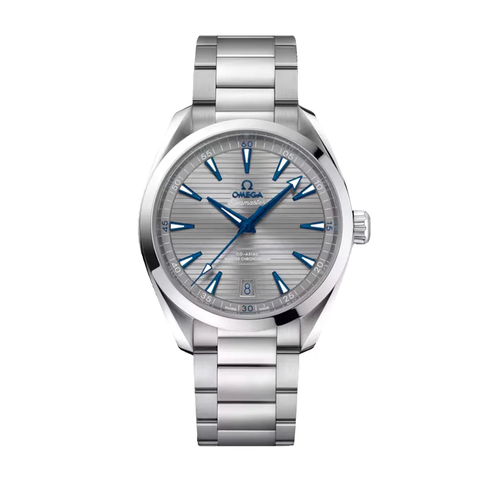 Silver Omega watch with blue accents on a white background