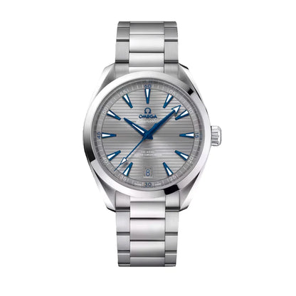 Silver Omega watch with blue accents on a white background