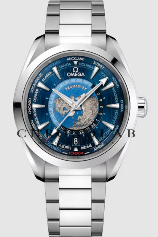 Ρολόι Omega Seamaster Aqua Terra Worldtimer 43 mm ασημί χρώμα με μπλε καντράν και λουράκι έκδοση AA+Θα