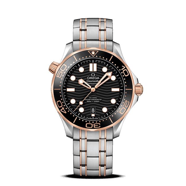 Omega Seamaster Diver 300M 44mm two-tone black replica men’s watch front view – chronolab.gr