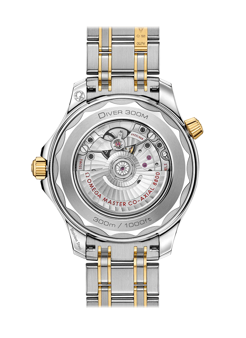 Omega Seamaster Diver 300M two-tone black 44mm replica watch bezel and dial close-up – chronolab.gr