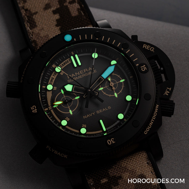Panerai Submersible Chrono Navy SEALs Titanio 47mm replica automatic watch front view – chronolab.gr