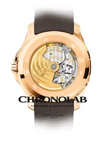 Sapphire crystal case back of Patek Philippe 5167R showing the Caliber 26-330 S C self-winding automatic movement and 21k gold rotor.