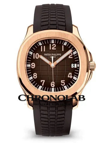 Patek Philippe Aquanaut 5167R-001 Rose Gold luxury watch with chocolate brown embossed dial and matching tropical rubber strap, front view