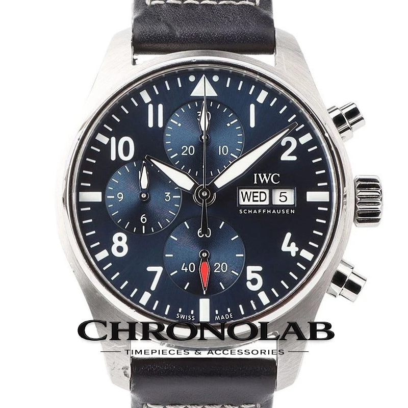 IWC Pilot's Watch Chronograph 41 IW388101 with blue sunray dial and blue calfskin leather strap featuring the EasX-CHANGE quick-release system and stainless steel pin buckle