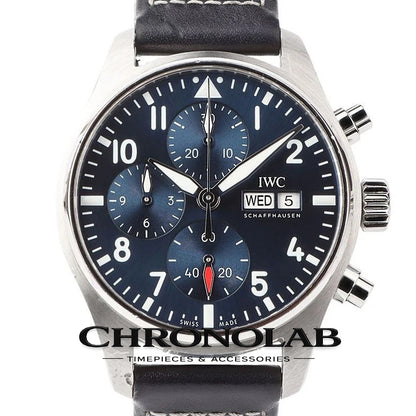 IWC Pilot's Watch Chronograph 41 IW388101 with blue sunray dial and blue calfskin leather strap featuring the EasX-CHANGE quick-release system and stainless steel pin buckle