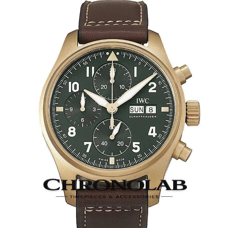 IWC Pilot's Watch Chronograph Spitfire IW387902 with 41mm bronze case, olive green dial, and brown calfskin leather strap