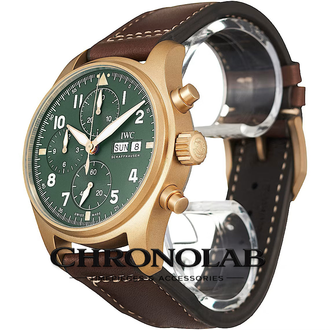 Side profile of the IWC IW387902 showing the bronze crown, chronograph pushers, and the natural patina finish of the aviation-inspired case