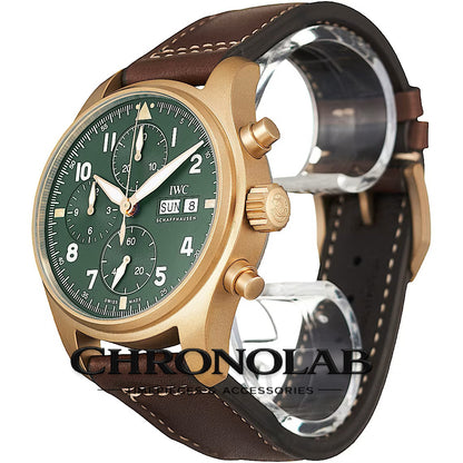 Side profile of the IWC IW387902 showing the bronze crown, chronograph pushers, and the natural patina finish of the aviation-inspired case