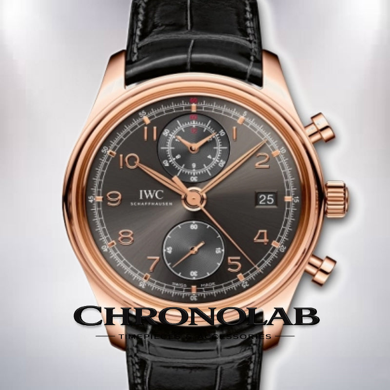 IWC Portuguese Chronograph Classic IW390405 luxury watch in 18k rose gold with slate-coloured Ardoise dial and brown alligator strap