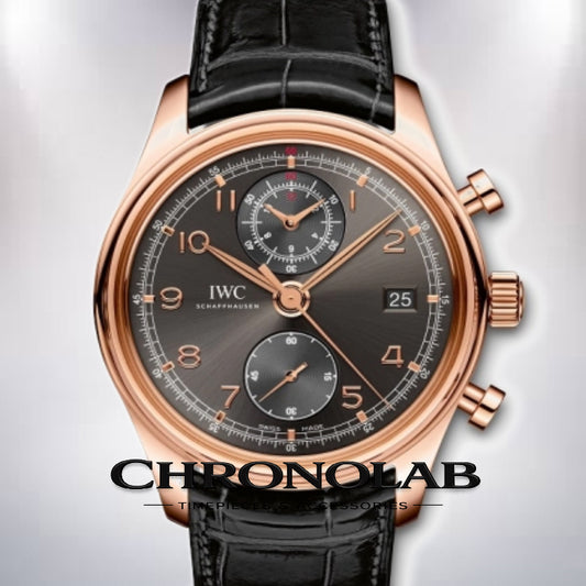 IWC Portuguese Chronograph Classic IW390405 luxury watch in 18k rose gold with slate-coloured Ardoise dial and brown alligator strap