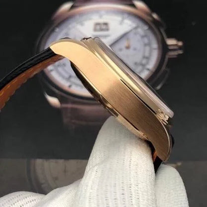 Side profile of the 42mm 18k rose gold case of IWC Portuguese Classic showing the polished finish and solid gold chronograph pushers.